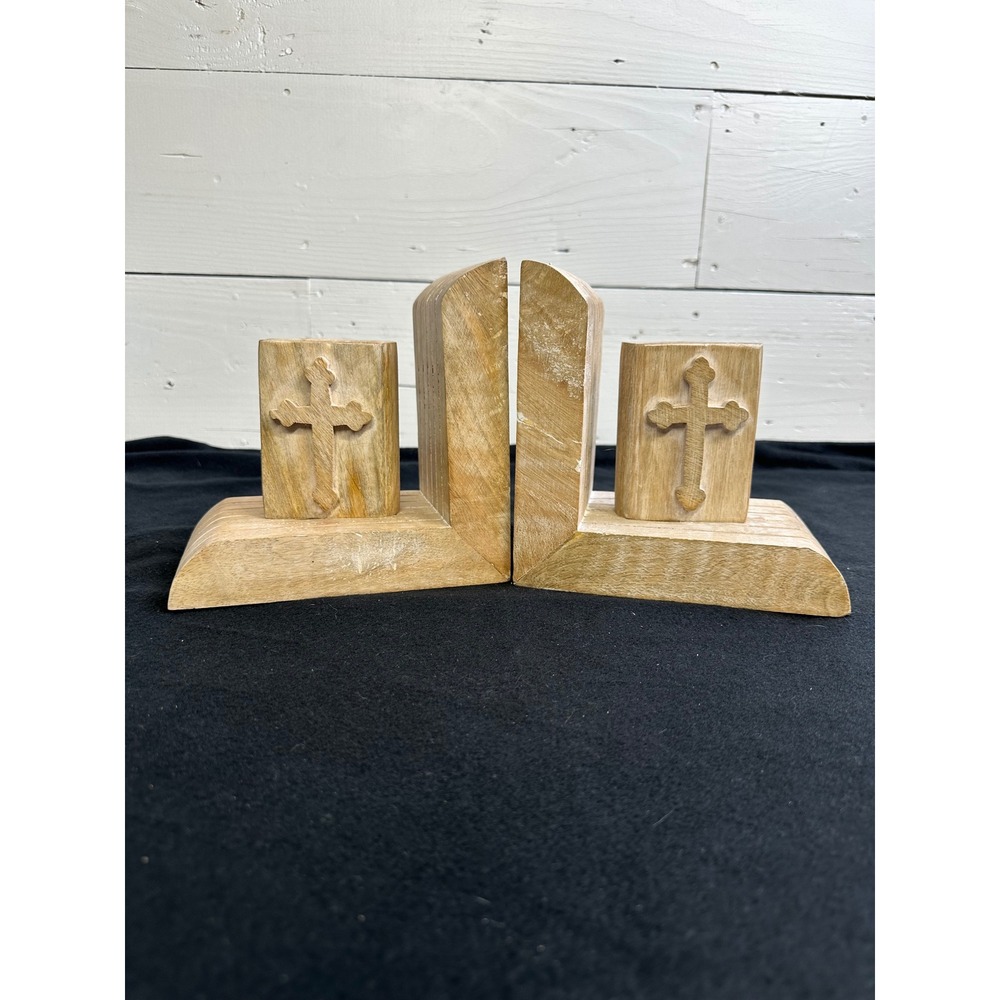 Rustic Hand Carved Wooden Cross Bookends Natural Wood Religious Decor India